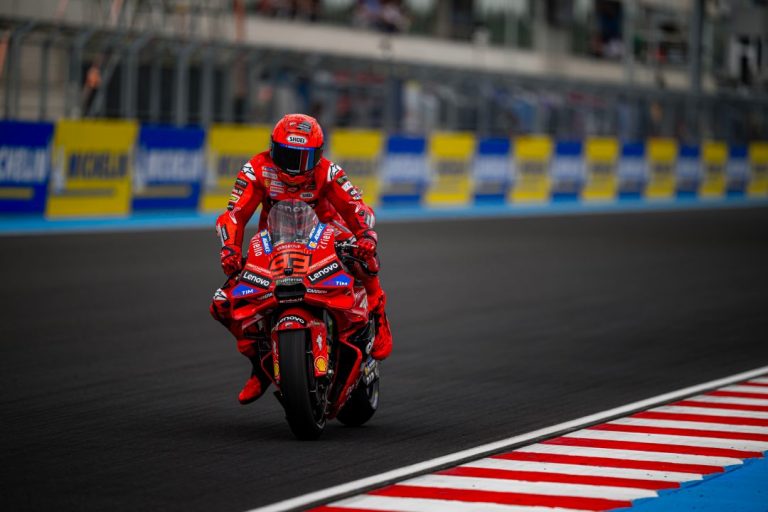 Marc Marquez on his Ducati en route to victory at Balaton Park, securing his seventh consecutive Grand Prix win.