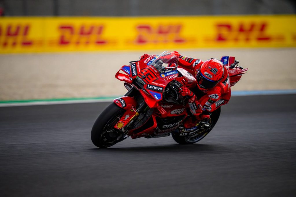 Marc Marquez Ducati Lenovo leading MotoGP practice at Misano