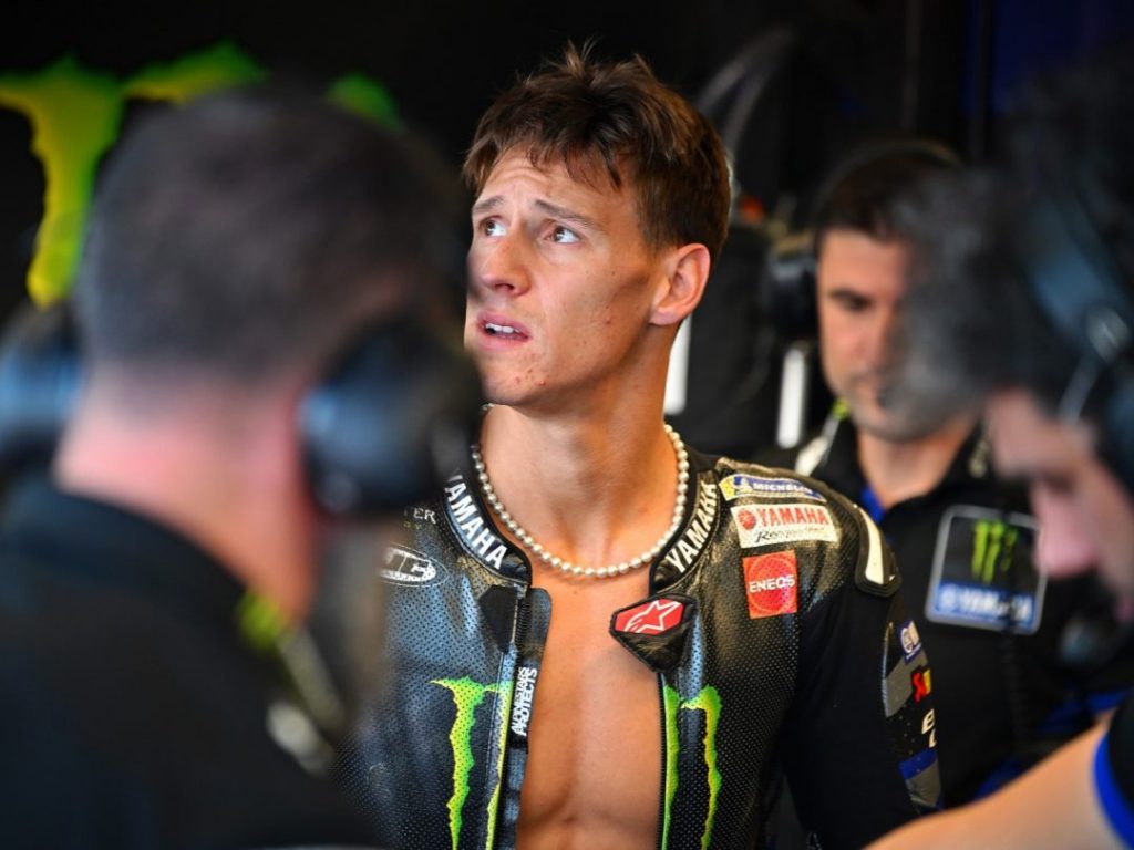 Fabio Quartararo looking concerned during Yamaha V4 MotoGP test at Misano