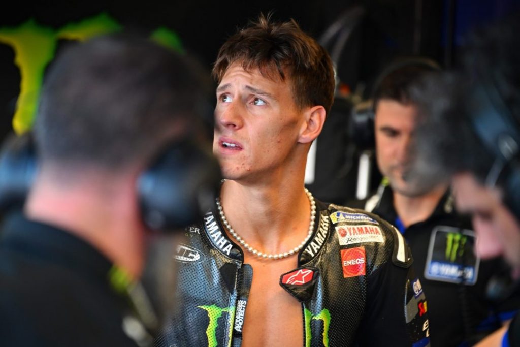 Fabio Quartararo looking concerned during Yamaha V4 MotoGP test at Misano