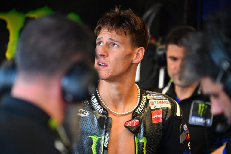 Fabio Quartararo looking concerned during Yamaha V4 MotoGP test at Misano