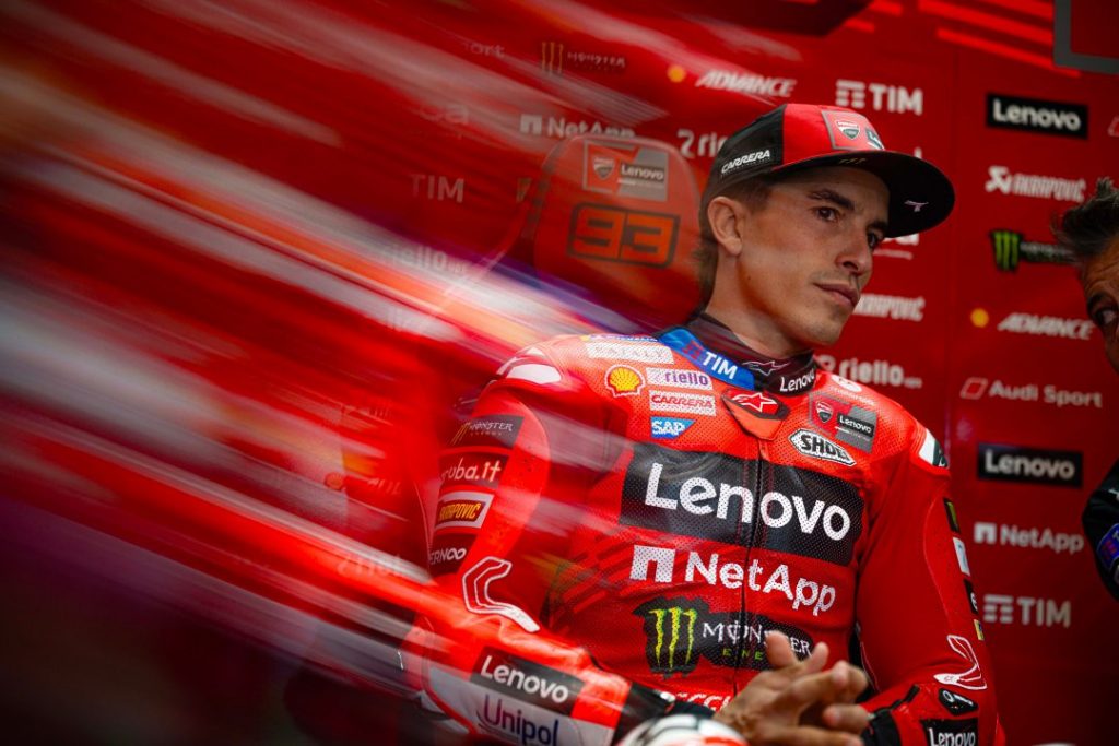 Marc Márquez in Ducati Lenovo Team garage during 2025 MotoGP season, before shoulder injury recovery announcement