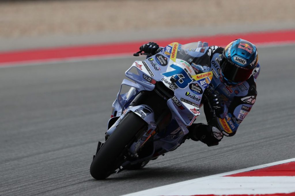 Alex Marquez on track during MotoGP Practice at Portimao, where he led the session for Gresini Ducati.