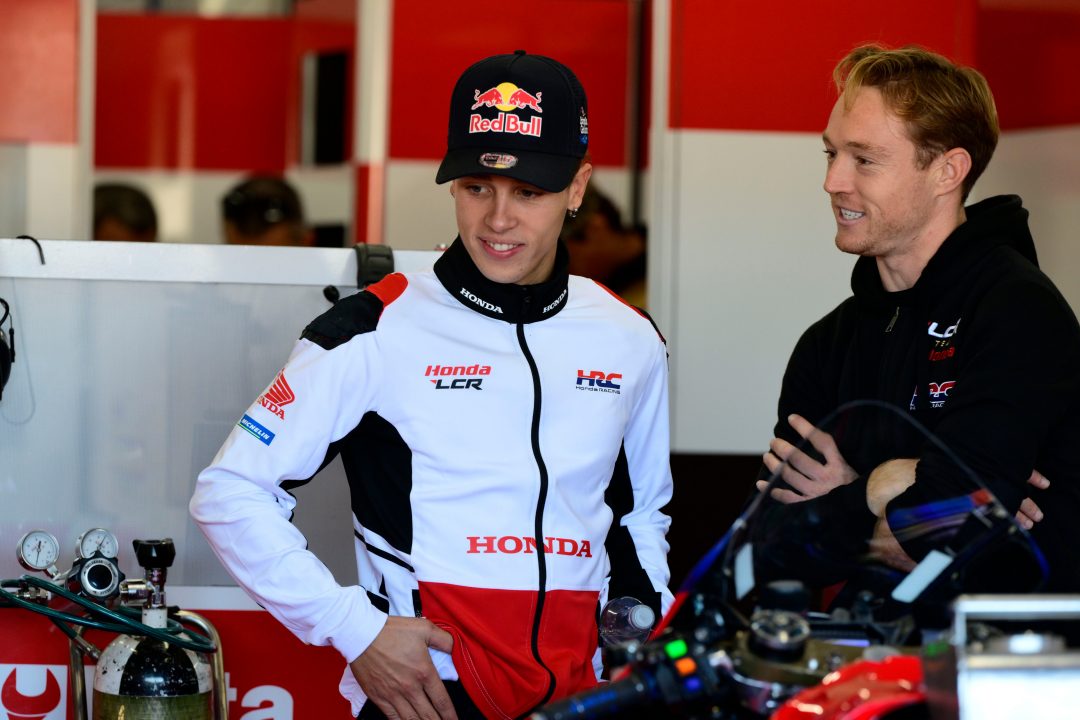 MotoGP rookie Diogo Moreira discussing 2026 with LCR's Dakota Mamola